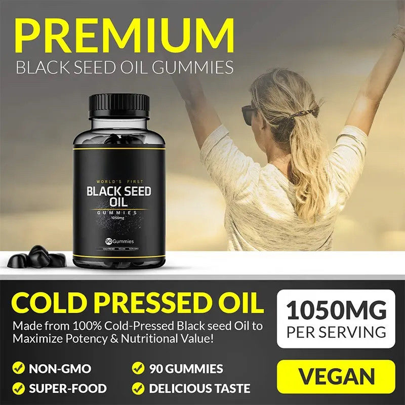 Des joints de soutien immunitaire personnalisés Digestion Peau brillante Cheveux ongles Peau huile de graines noires gomme