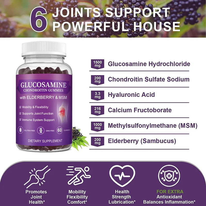 Supplément pour les personnes âgées Glucosamine Chondroïtine gomme avec soutien articulaire et antioxydant immunitaire