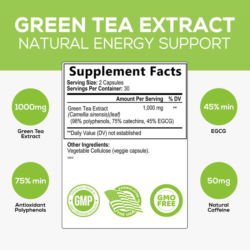 Oem Private Label Supplément de santé à base de plantes Capsules de thé vert soutiennent le cœur et la santé antioxydante Capsules de thé vert